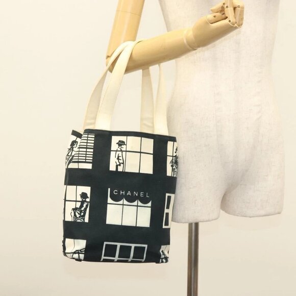 CHANEL windows Tote Bag Canvas Black White gold CC Auth - Picture 1 of 15
